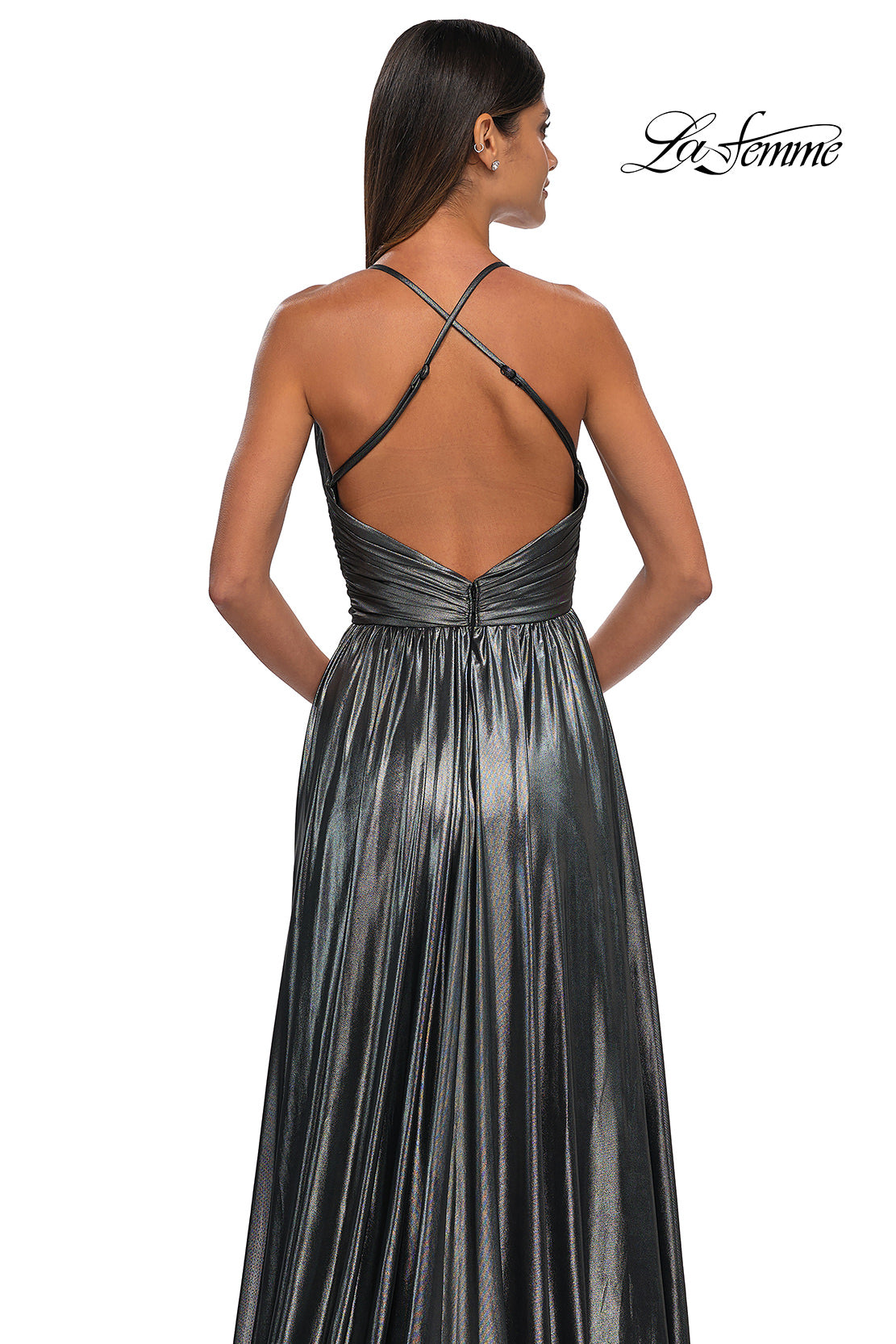 Picture of: A-line Metallic Net Jersey Halter Gown with High Slit in Gunmetal, Style: 32917, Detail Picture 23