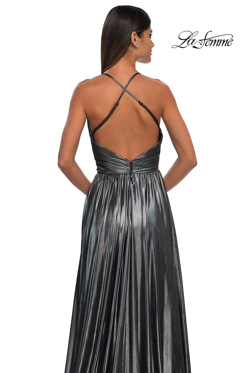 Picture of: A-line Metallic Net Jersey Halter Gown with High Slit in Gunmetal, Style: 32917, Detail Picture 23