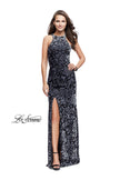 Picture of: Long Velvet Patterned Dress with Open Strappy Back in Gunmetal, Style: 25512, Detail Picture 1