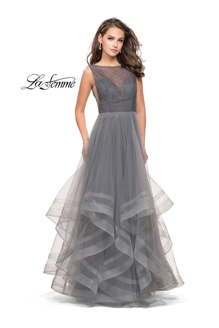 Picture of: Ball Gown with Ruffle Tulle Skirt and Beading in Gunmetal, Style: 25620, Detail Picture 1