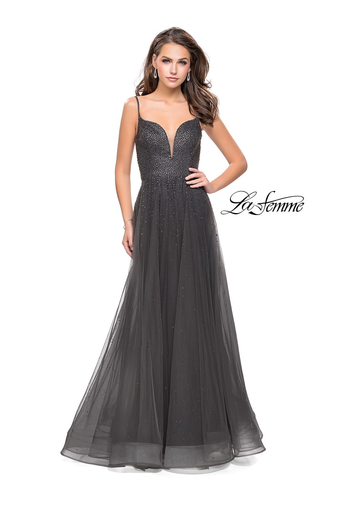 Picture of: A-line Dress with Rhinestones and Tulle Skirt in Gunmetal, Style: 25636, Detail Picture 1
