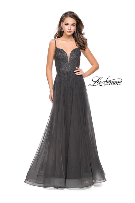 Picture of: A-line Dress with Rhinestones and Tulle Skirt in Gunmetal, Style: 25636, Detail Picture 1