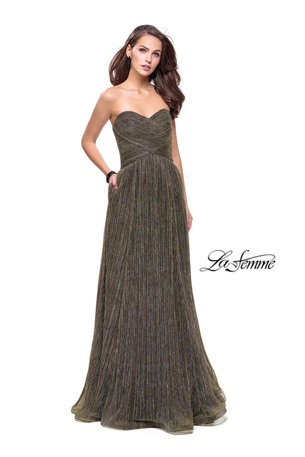 Picture of: Pleated Lame A-line Prom Dress with Ruched Bodice in Gunmetal, Style: 25886, Detail Picture 1