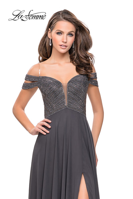 Picture of: A-Line Prom Gown with Beaded Bodice and Chiffon Skirt in Gunmetal, Style: 26059, Detail Picture 1