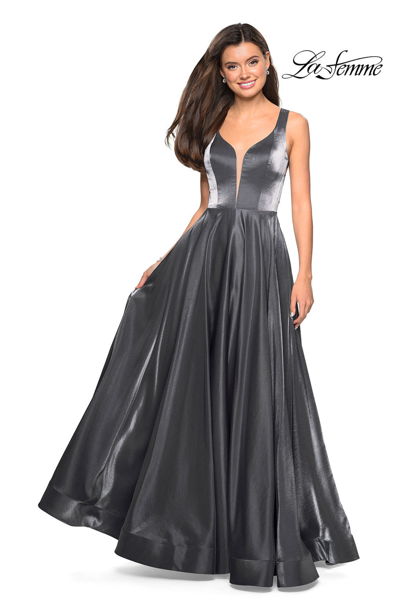 Picture of: Two Tone Satin Long Gown with Plunging Neckline in Gunmetal, Style: 27049, Detail Picture 1