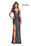 Picture of: sequin Prom Gown with Cut Out Back and Slit in Gunmetal, Style: 27191, Detail Picture 1