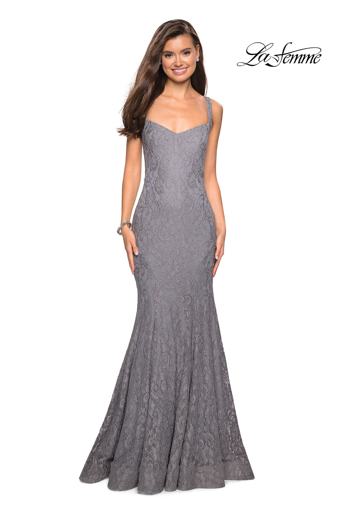 Picture of: Open Back Stretch Lace Long Prom Dress in Gunmetal, Style: 27709, Detail Picture 1