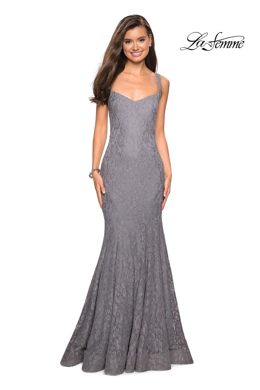 Picture of: Open Back Stretch Lace Long Prom Dress in Gunmetal, Style: 27709, Detail Picture 1