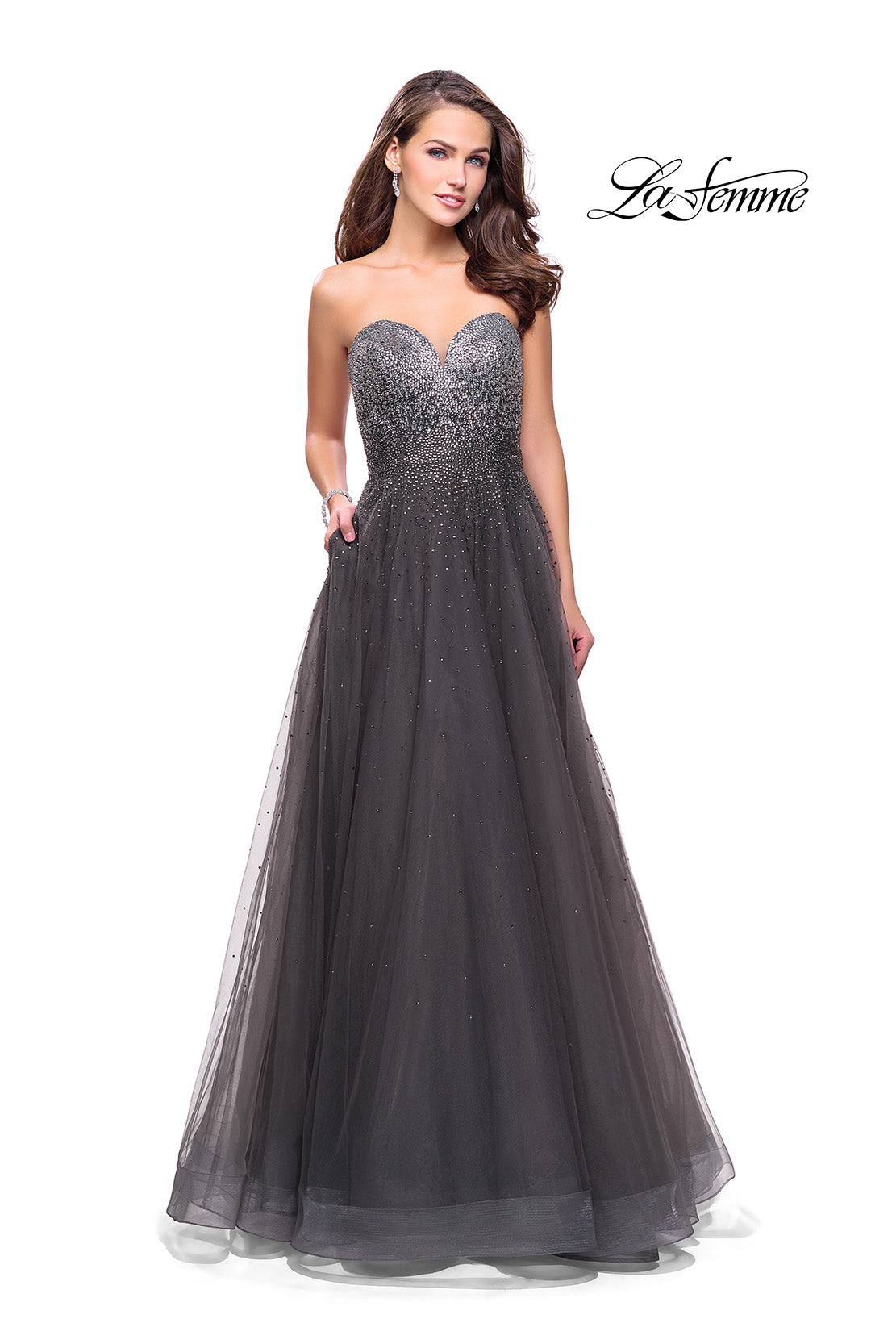 Picture of: Long Strapless Ball Gown with Metallic Ombre Rhinestones in Gunmetal, Style: 26264, Detail Picture 2