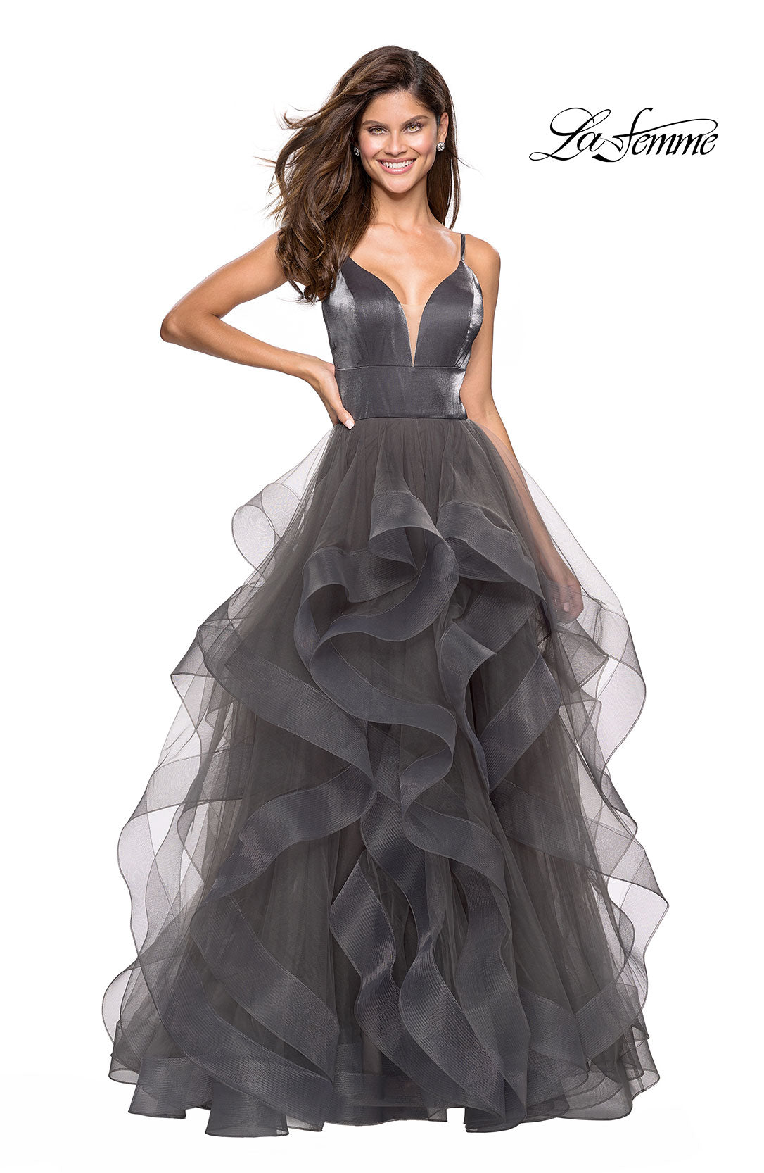 Picture of: Cascading Tulle Gown with Satin Top and V Back in Gunmetal, Style: 27502, Detail Picture 2