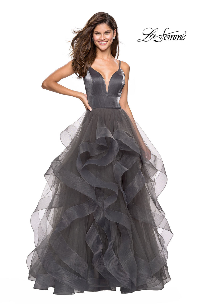 Picture of: Cascading Tulle Gown with Satin Top and V Back in Gunmetal, Style: 27502, Detail Picture 2