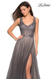 Picture of: Long Tulle Gown with Embellished Sheer Bodice in Gunmetal, Style: 27574, Detail Picture 2