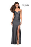 Picture of: Classic Long Jersey Gown with Side Ruching and Slit in Gunmetal, Style: 27626, Detail Picture 2