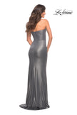 Picture of: Strapless Sweetheart Metallic Jersey Gown with Slit in Silver, Style: 29855, Detail Picture 2