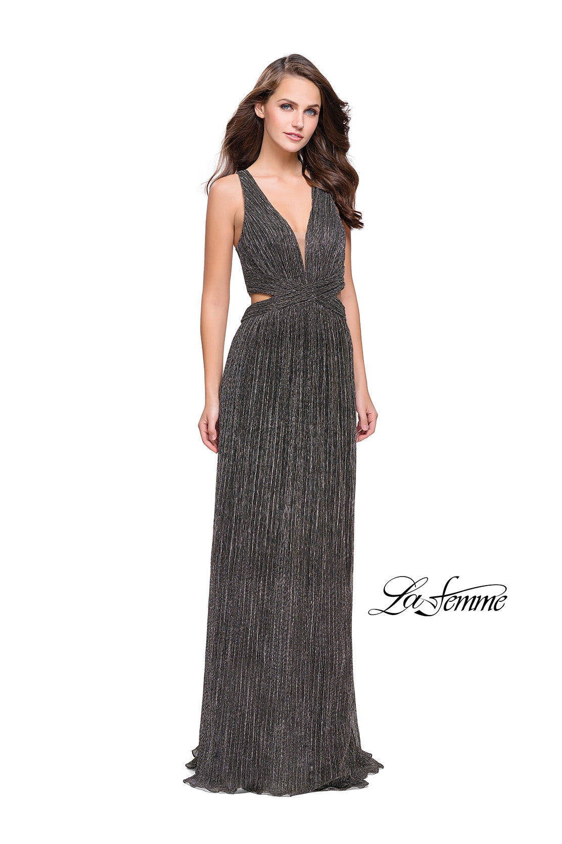 Picture of: Pleated Lame Prom Dress with Cut Outs and a Deep V in Gunmetal, Style: 25643, Detail Picture 3