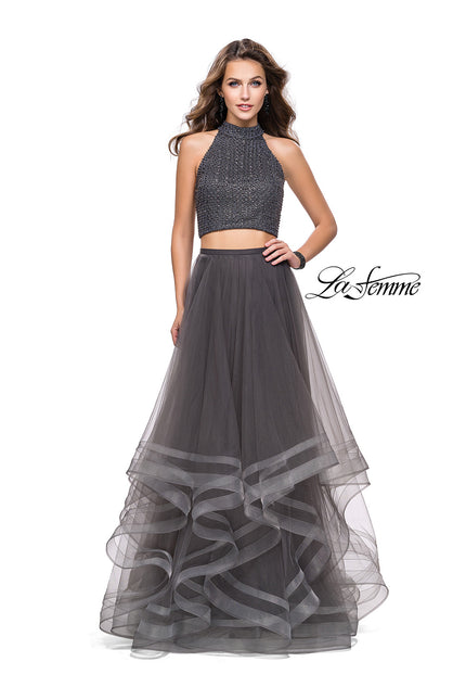 Picture of: Two Piece Prom Gown with Ruffle Tulle Skirt and Beading in Gunmetal, Style: 26077, Detail Picture 3