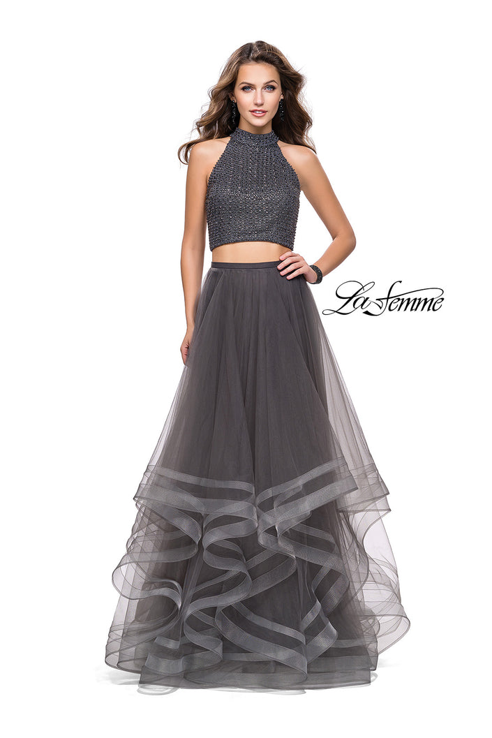 Picture of: Two Piece Prom Gown with Ruffle Tulle Skirt and Beading in Gunmetal, Style: 26077, Detail Picture 3