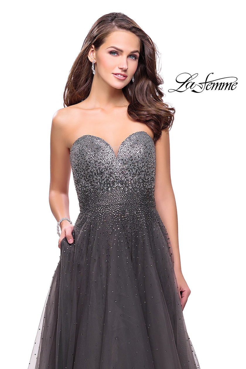 Picture of: Long Strapless Ball Gown with Metallic Ombre Rhinestones in Gunmetal, Style: 26264, Detail Picture 2