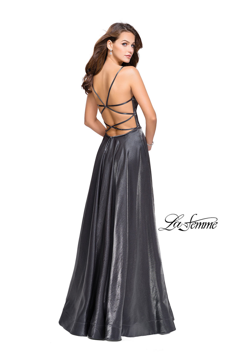 Picture of: Satin A-line Gown with Deep V Sweetheart Neckline in Gunmetal, Style: 25670, Detail Picture 5