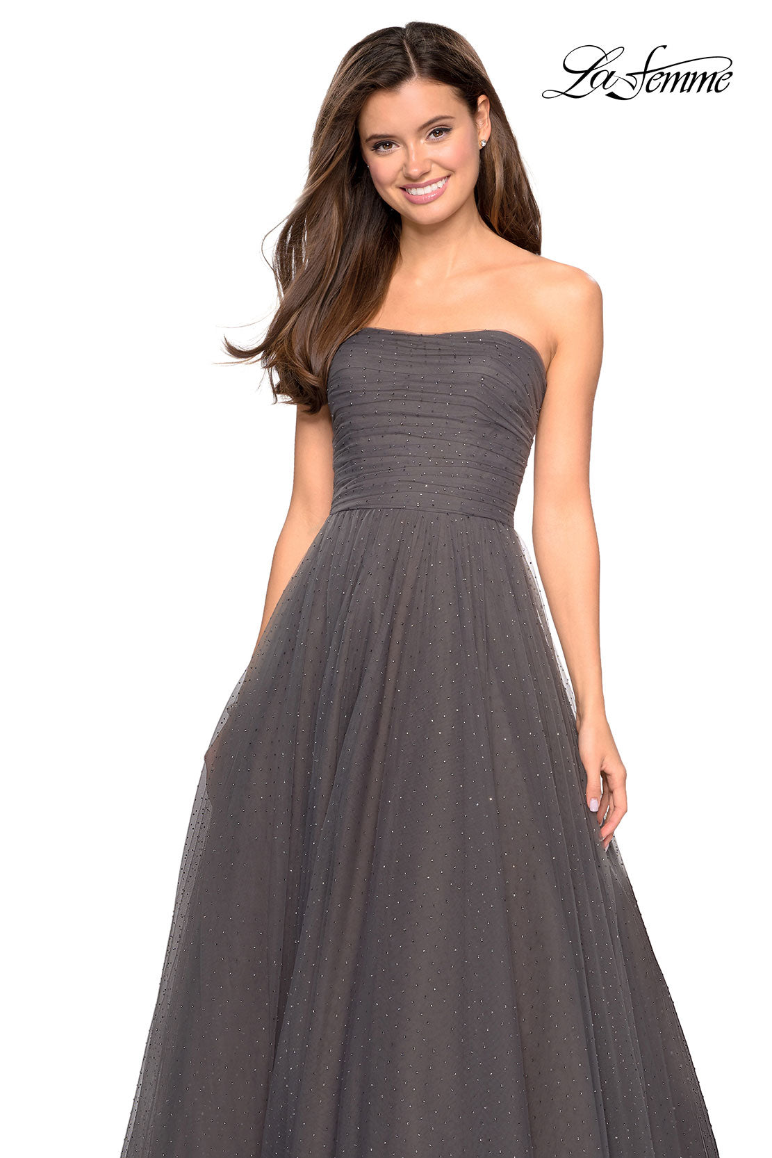 Picture of: Strapless Fully Rhinestone A-Line Prom Dress in Gunmetal, Style: 27630, Detail Picture 6