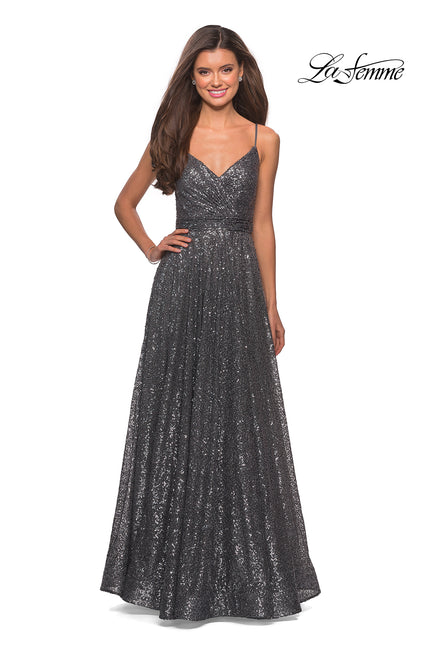 Picture of: sequin Empire Waist Prom Dress with V Back in Gunmetal, Style: 27747, Detail Picture 6