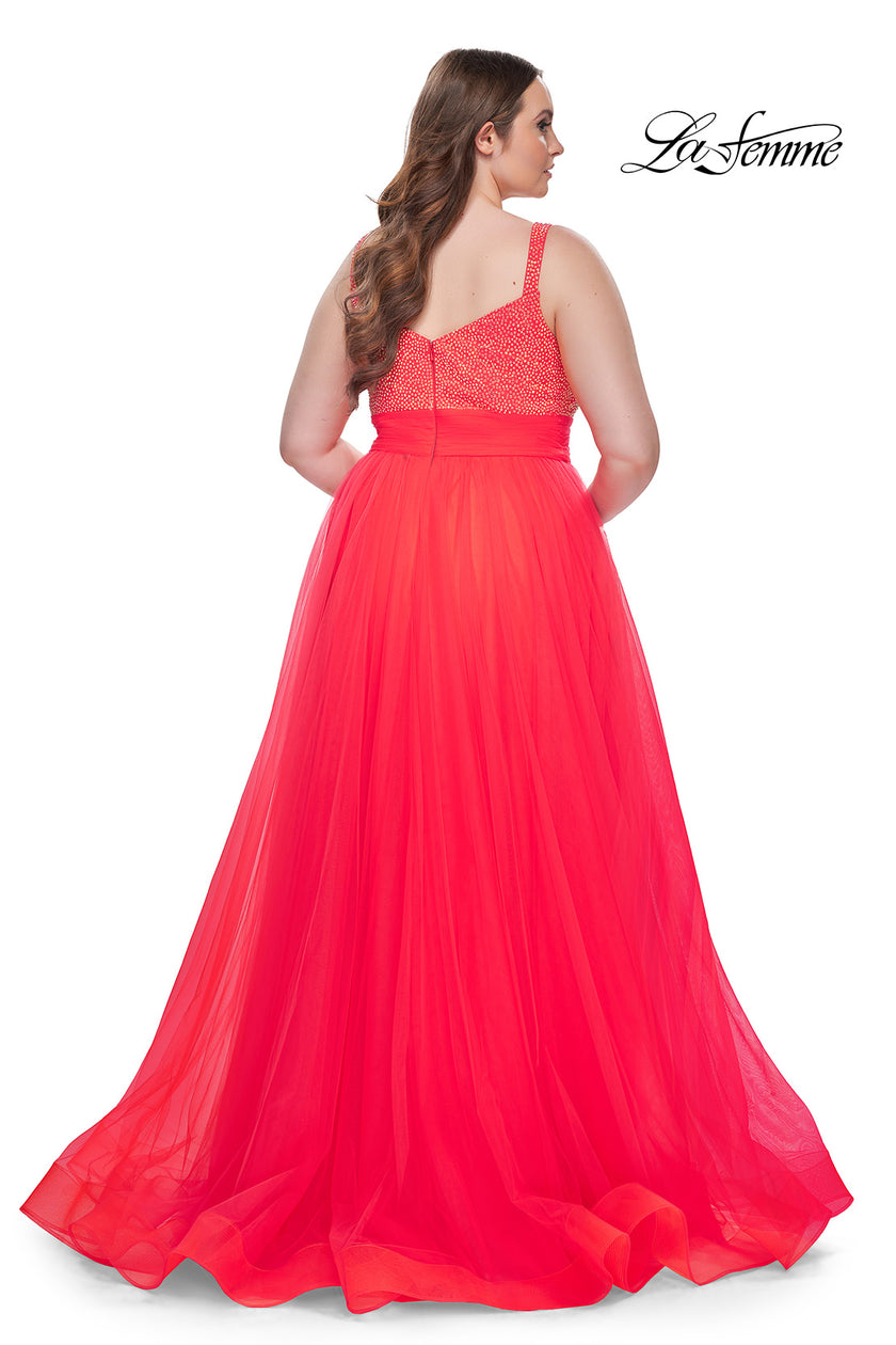 Picture of: A-Line Plus Size Prom Dress with Rhinestone Bodice in Hot Coral, Style: 31251, Detail Picture 9
