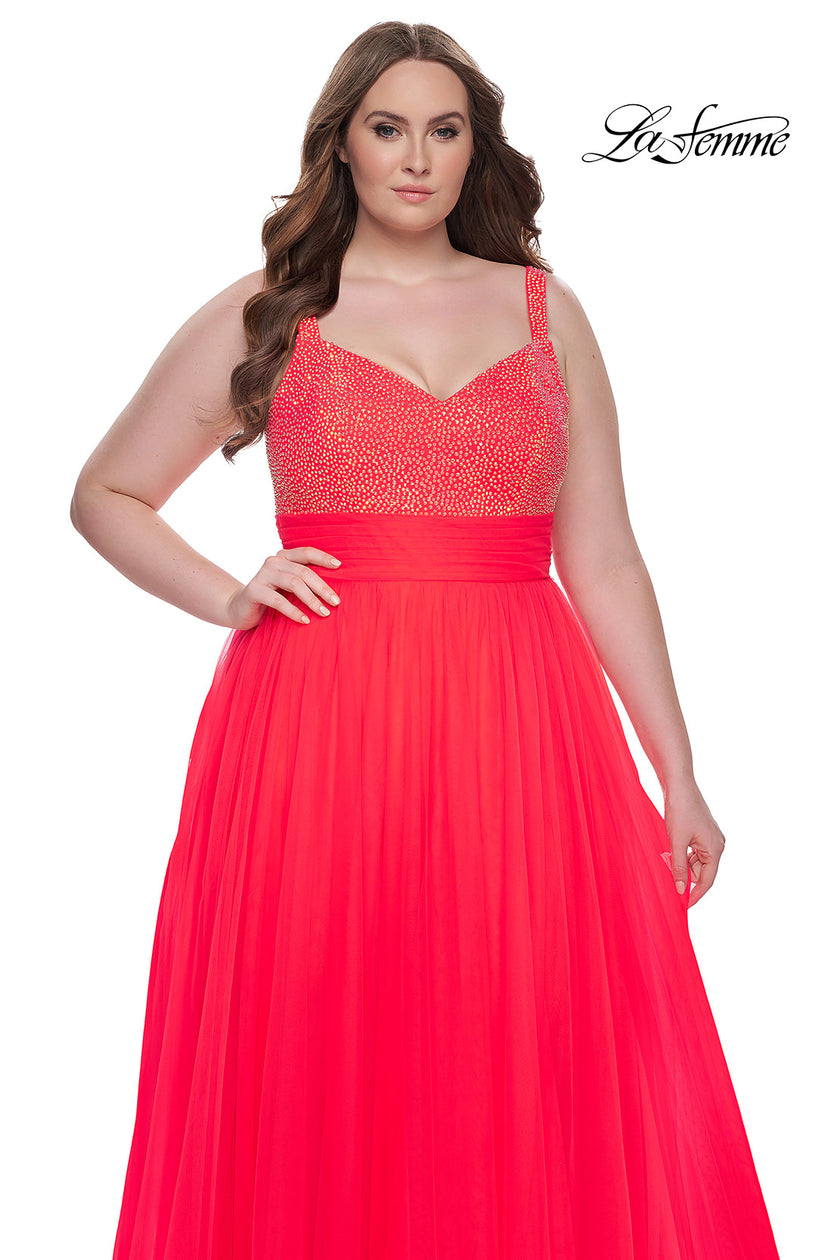 Picture of: A-Line Plus Size Prom Dress with Rhinestone Bodice in Hot Coral, Style: 31251, Detail Picture 10