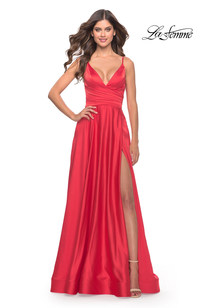 Picture of: A-Line Satin Gown with Ruched Bodice and V Neck in Neon in Hot Coral, Style: 31121, Main Picture