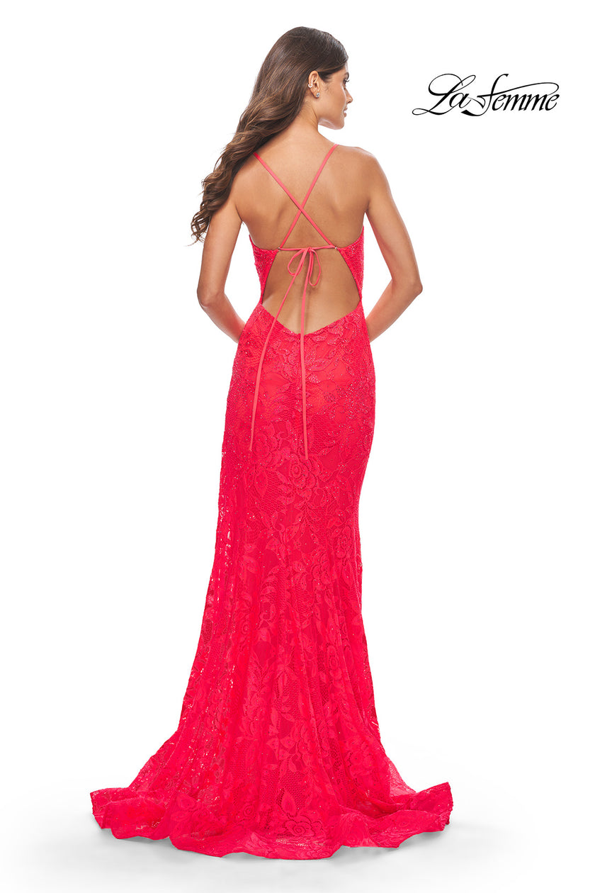 Picture of: Rhinestone Lace Embellished Prom Dress with High Side Slit in Bright Colors in Hot Coral, Style: 31404, Detail Picture 8