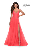 Picture of: Long Tulle A-line Gown with Side Slit and Pockets in Hot Coral, Style: 28561, Style: 28561