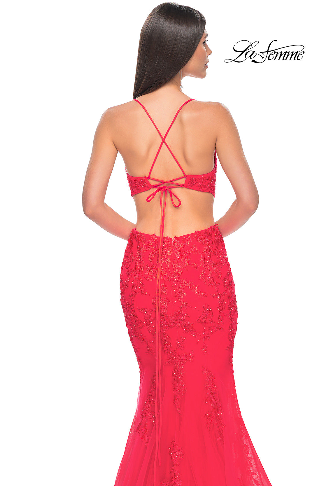 Picture of: Lace and Tulle Mermaid Gown with Side Cut Outs in Hot Coral, Style: 31133, Detail Picture 10