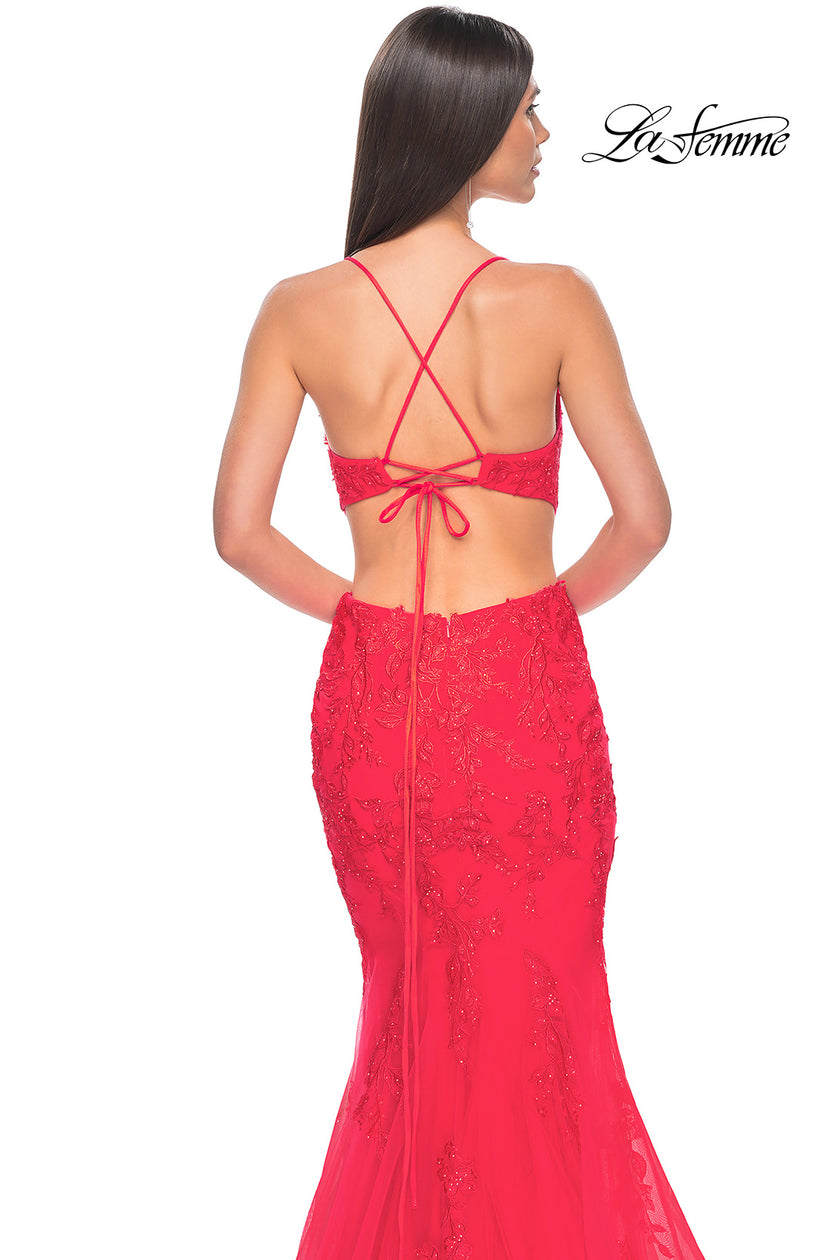 Picture of: Lace and Tulle Mermaid Gown with Side Cut Outs in Hot Coral, Style: 31133, Detail Picture 10