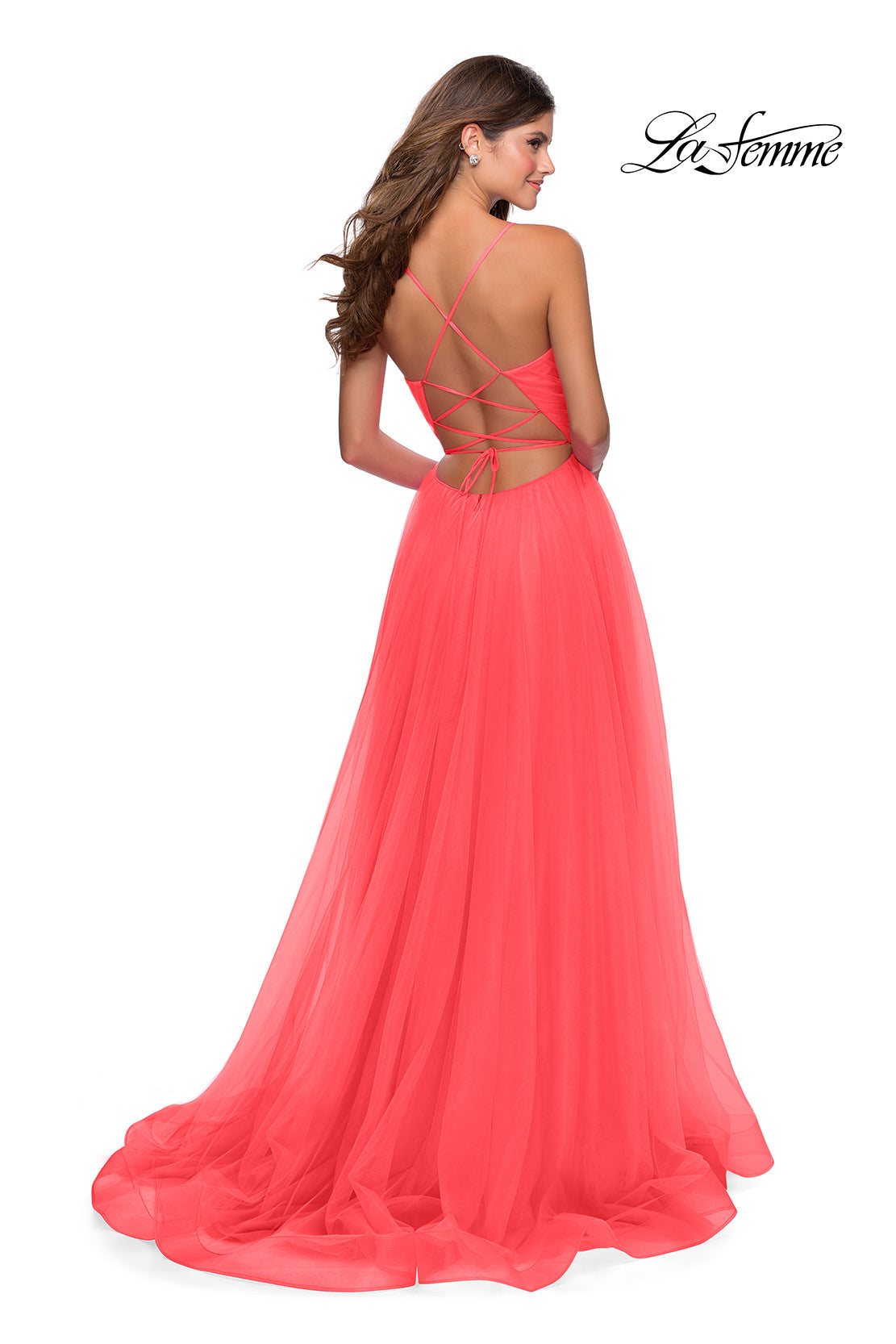 Picture of: Long Tulle A-line Gown with Side Slit and Pockets in Hot Coral, Style: 28561, Style: 28561