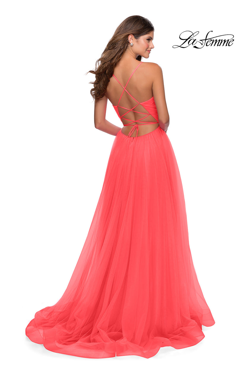 Picture of: Long Tulle A-line Gown with Side Slit and Pockets in Hot Coral, Style: 28561, Style: 28561