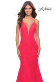 Picture of: Long Mermaid Lace Dress with Back Rhinestone Detail in Hot Coral, Style: 31512, Detail Picture 16