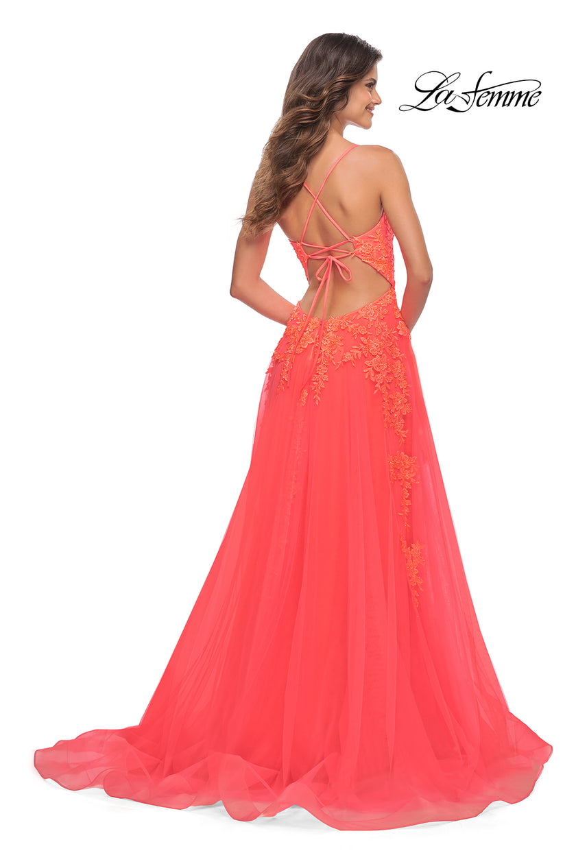 Picture of: Tulle Prom Dress with Lace Detail in Hot Coral in Orange, Style: 30637, Back Picture