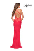 Picture of: Hot Coral Prom Dress with Illusion Lace Sides and Ruching, Style: 30695, Back Picture