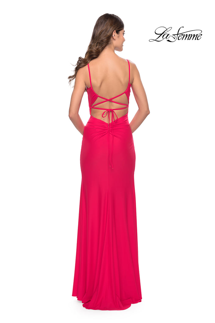 Picture of: Elegant Jersey Dress with Ruching and Square Neckline in Neon in Hot Coral, Style: 31329, Back Picture