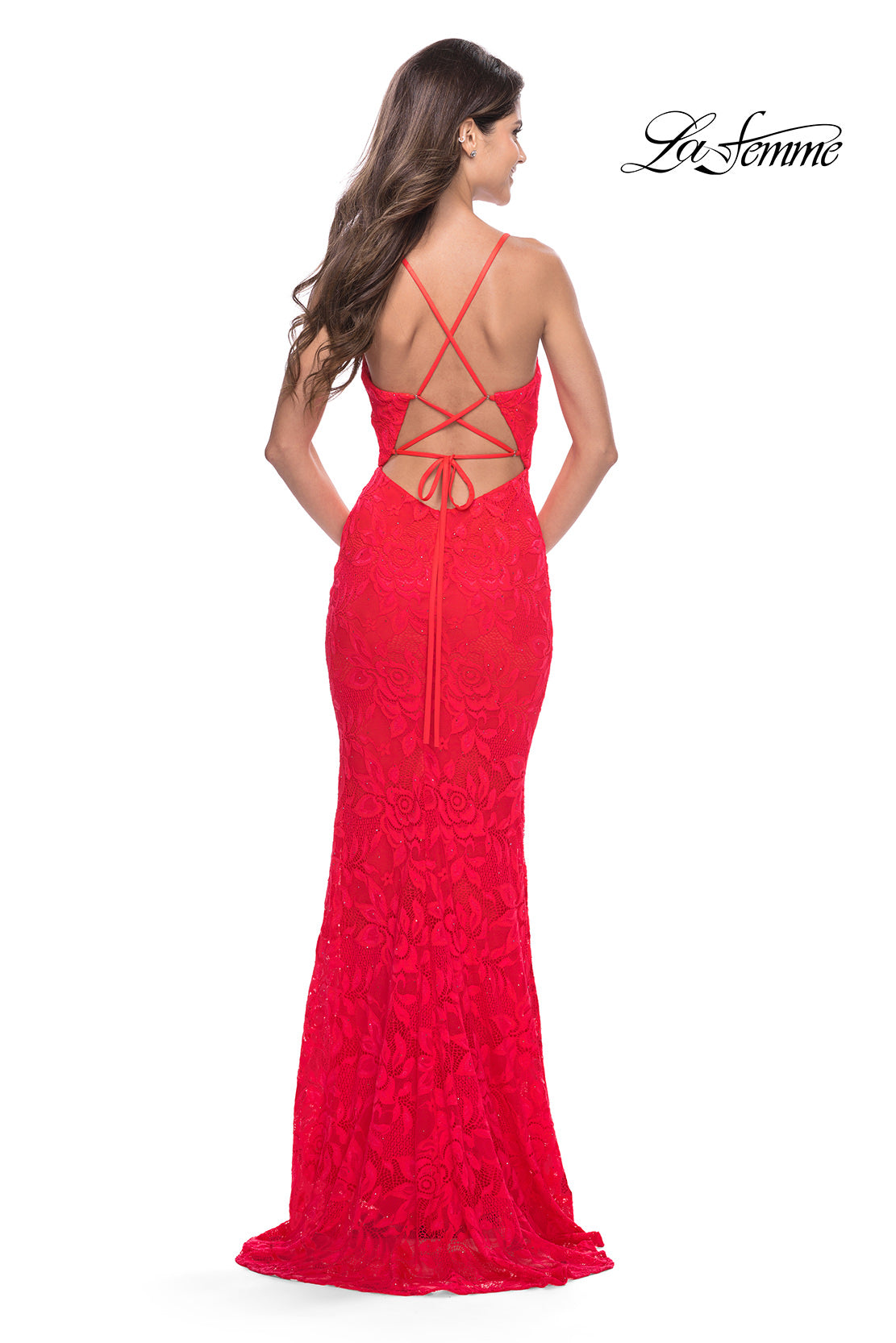 Picture of: Fitted Stretch Lace Prom Dress with Banded Waist in Neon in Hot Coral, Style: 31417, Back Picture