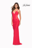 Picture of: Hot Coral Prom Dress with Illusion Lace Sides and Ruching, Style: 30695, Detail Picture 1