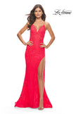Picture of: Rhinestone Lace Embellished Prom Dress with High Side Slit in Bright Colors in Hot Coral, Style: 31404, Detail Picture 1