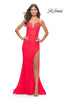 Picture of: Rhinestone Lace Embellished Prom Dress with High Side Slit in Bright Colors in Hot Coral, Style: 31404, Detail Picture 1
