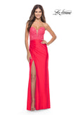 Picture of: Long Dress with Jersey Skirt and Lace Illusion Bodice in Neon in Hot Coral, Style: 31411, Detail Picture 1