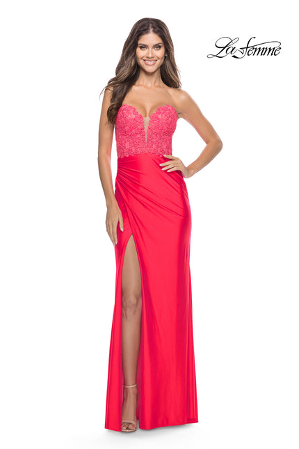 Picture of: Long Dress with Jersey Skirt and Lace Illusion Bodice in Neon in Hot Coral, Style: 31411, Detail Picture 1