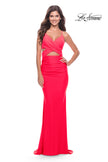 Picture of: Cut Out Long Soft Jersey Dress with Criss Cross Bodice in Neon in Hot Coral, Style: 31442, Style: 31442