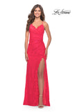 Picture of: Lace Long Dress with Scallop Detail on Skirt Slit in Hot Coral, Style: 31510, Detail Picture 1