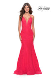 Picture of: Long Mermaid Lace Dress with Back Rhinestone Detail in Hot Coral, Style: 31512, Detail Picture 1