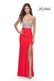 Picture of: Ruched Dress with Rhinestone Sheer Bodice in Hot Coral, Style: 31590, Detail Picture 1