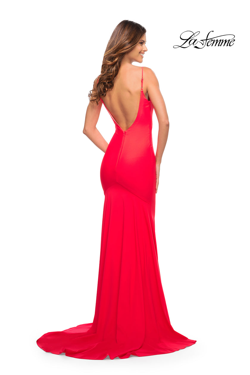 Picture of: Chic Luxe Jersey Gown with Train and V Back in Bright Colors in Hot Coral, Style: 30682, Detail Picture 2