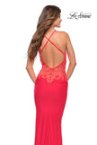 Picture of: Hot Coral Prom Dress with Illusion Lace Sides and Ruching, Style: 30695, Detail Picture 2